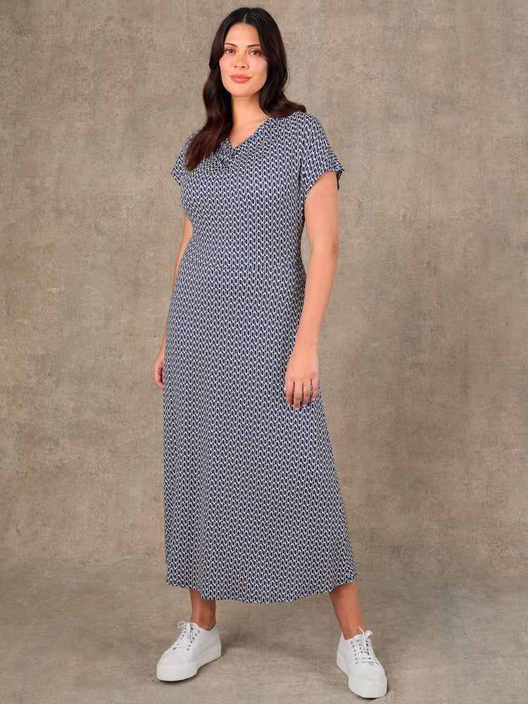 Navy geometric print cowl neck jersey midi dress