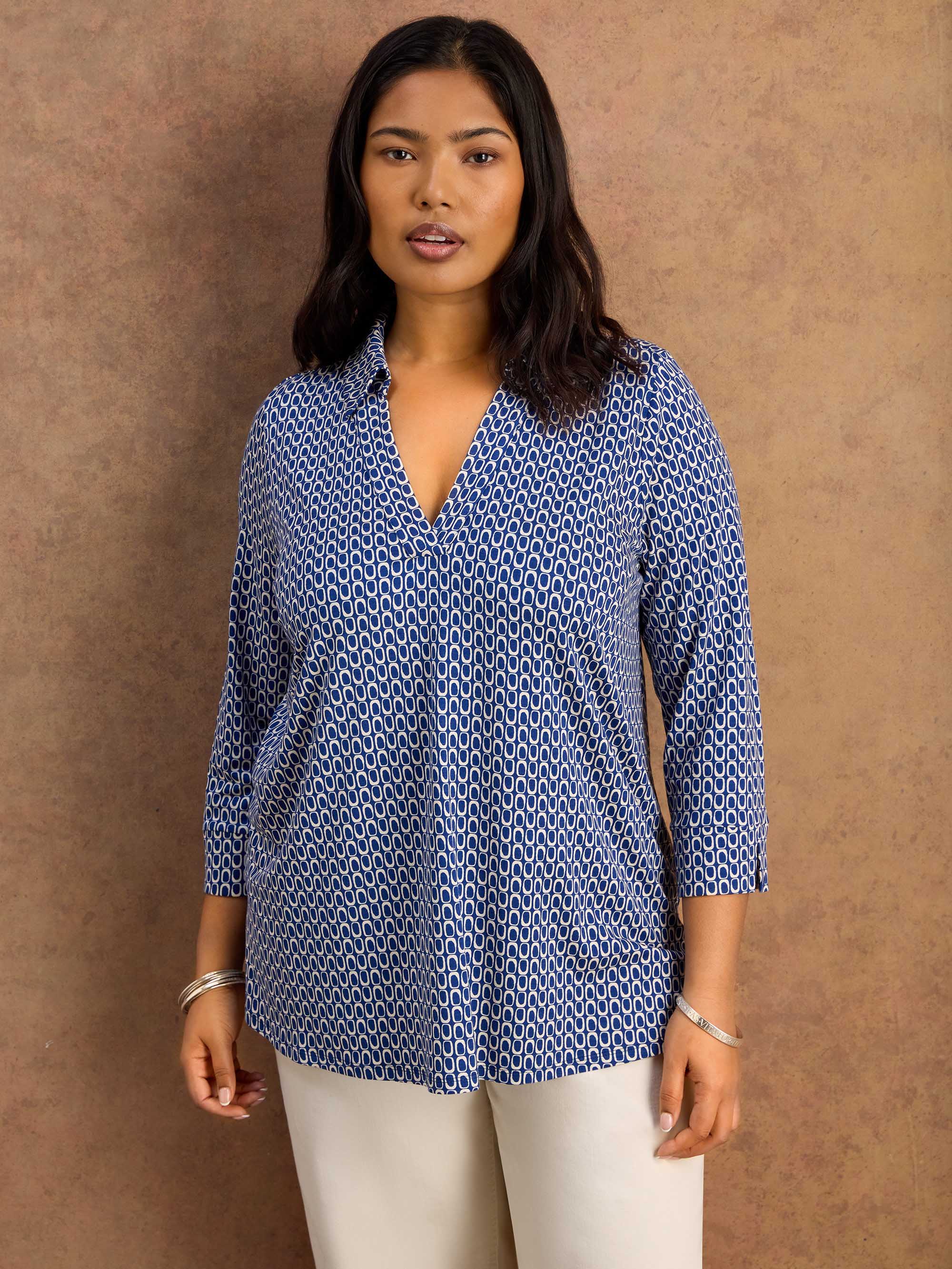 Blue Geo Print 3/4 Sleeve Collared V-Neck Jersey Top