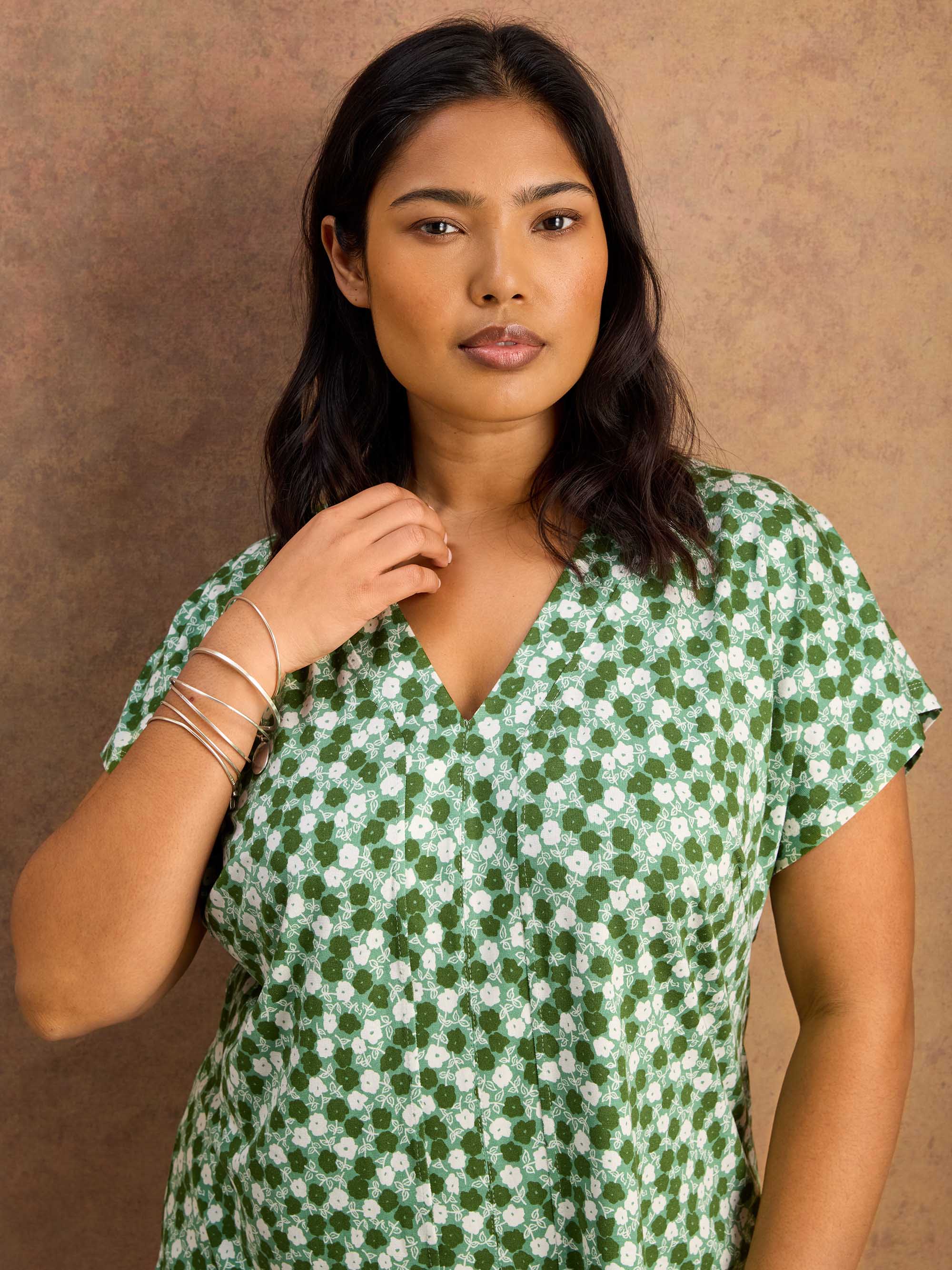 Green Ditsy V Neck Jersey Top