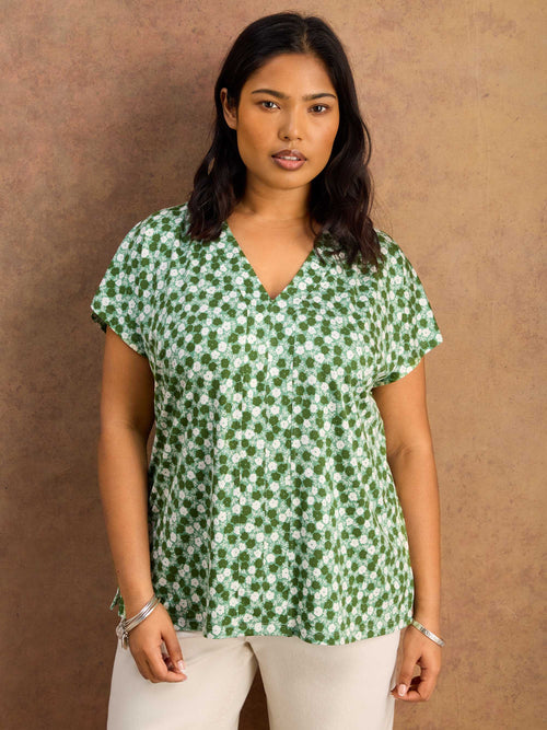 Green Ditsy V Neck Top