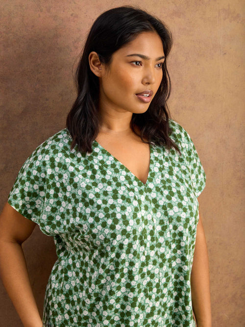 Green Ditsy V Neck Top