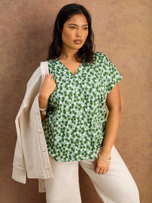 Green Ditsy V Neck Top