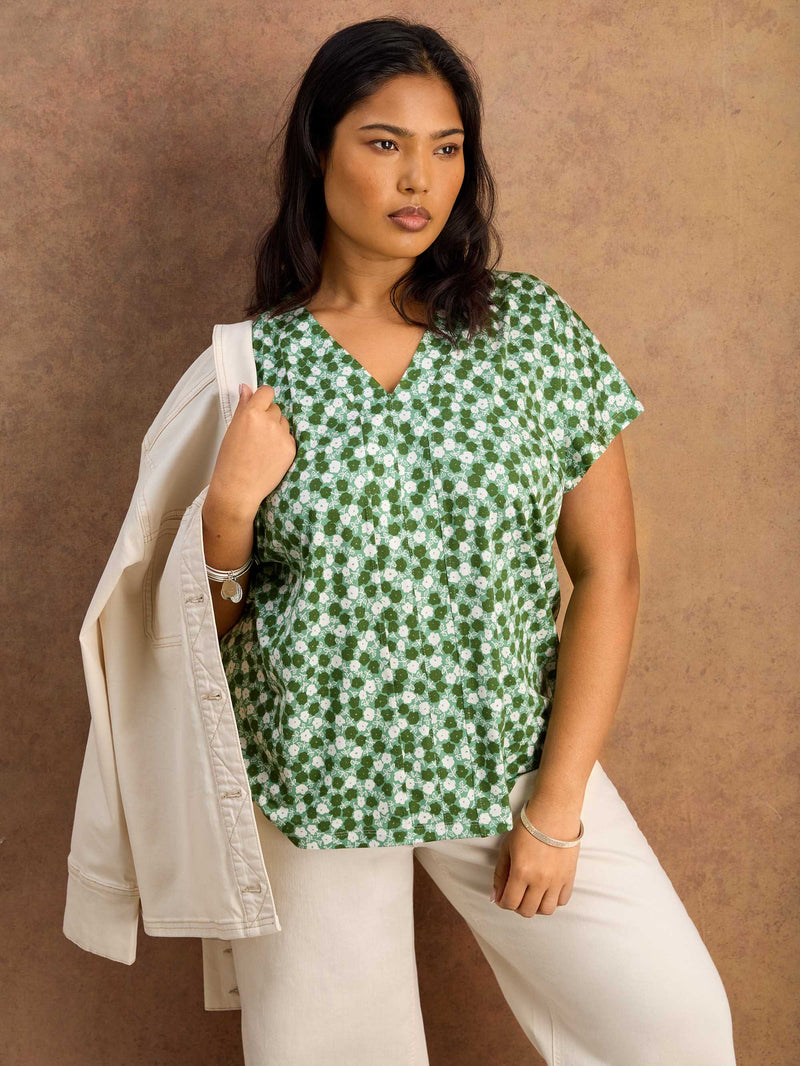 Green Ditsy V Neck Top