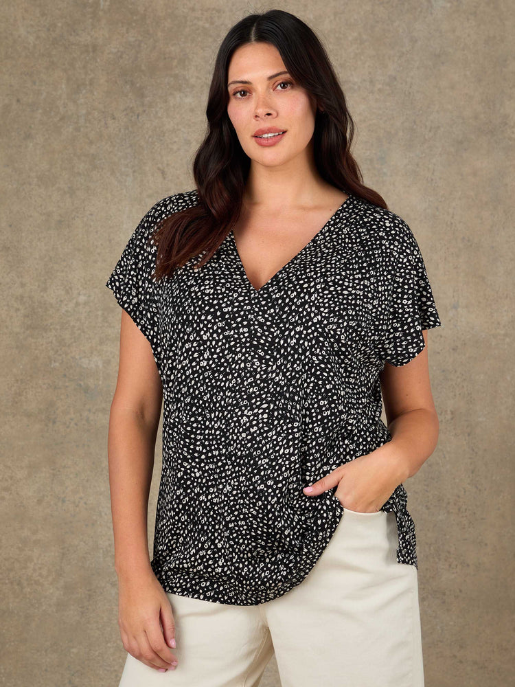 Plus size black ditsy print V neck top