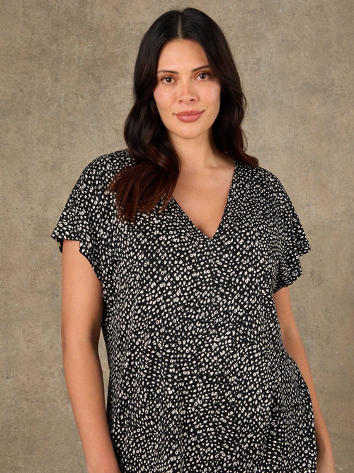 Plus size black ditsy print short sleeve V neck top