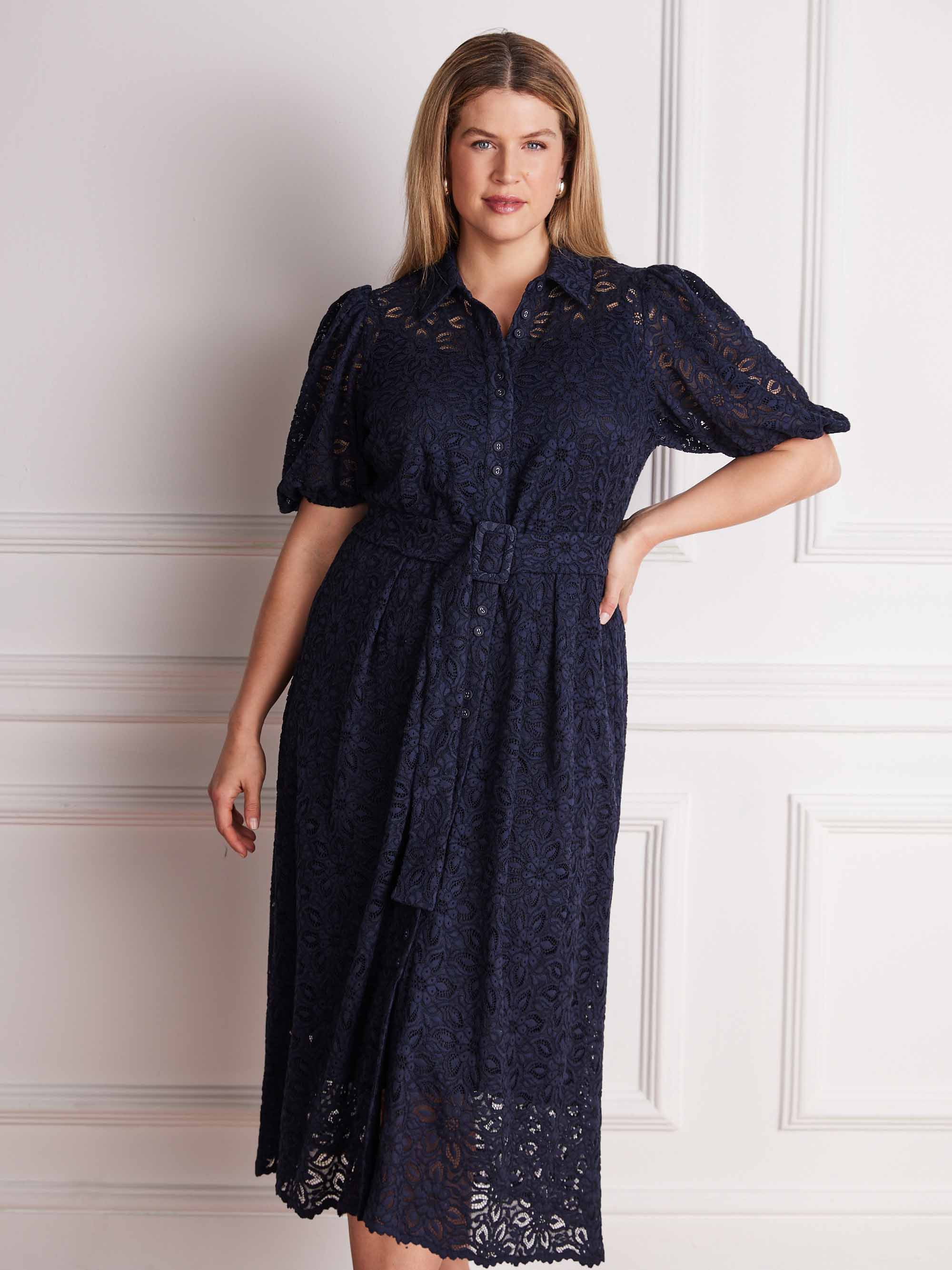 Navy lace midi shirt dress with puff sleeves and belt