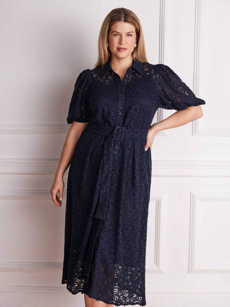 Navy lace midi shirt dress with puff sleeves and belt