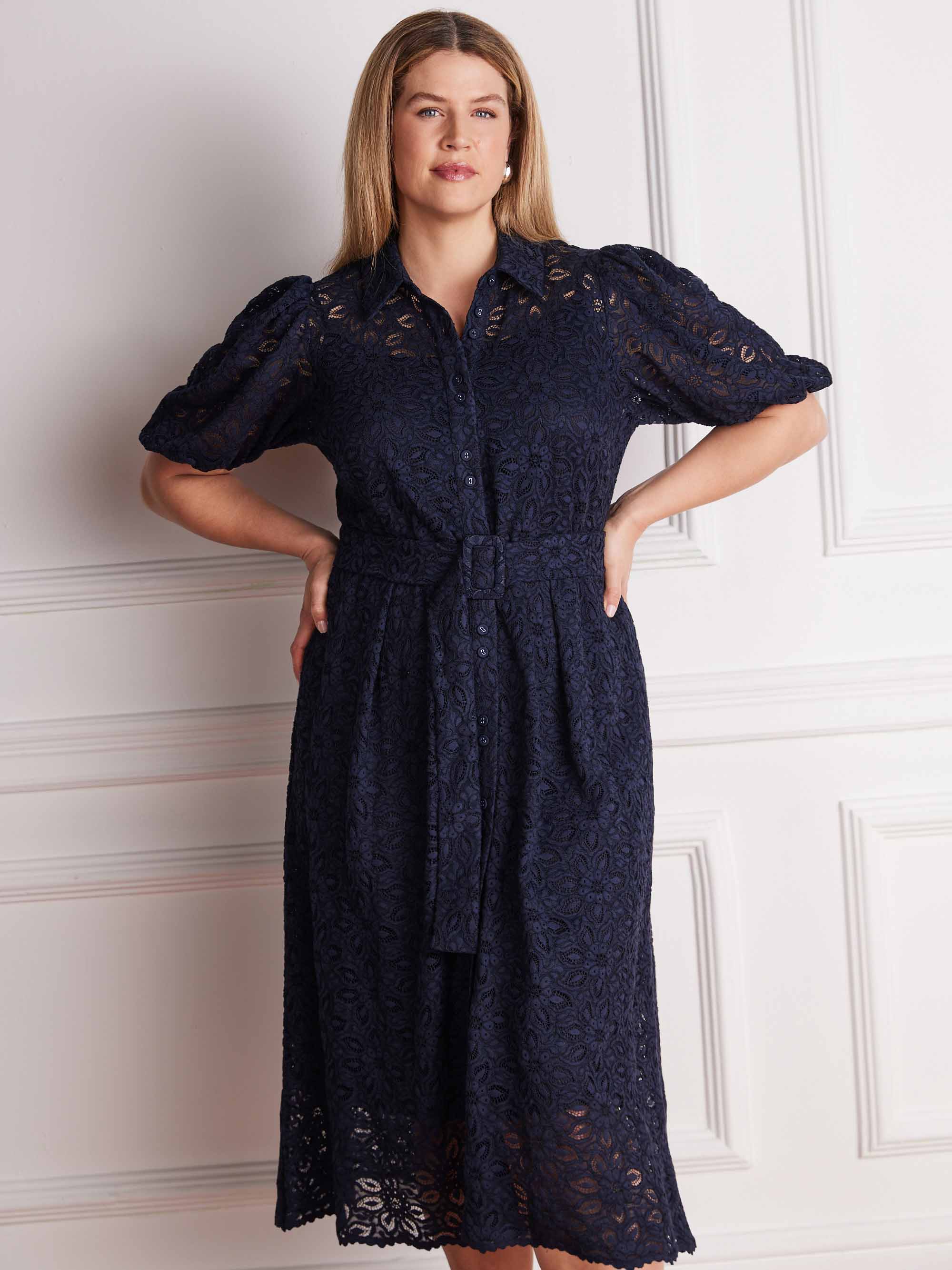 Navy lace occasion dress with collar and covered buttons