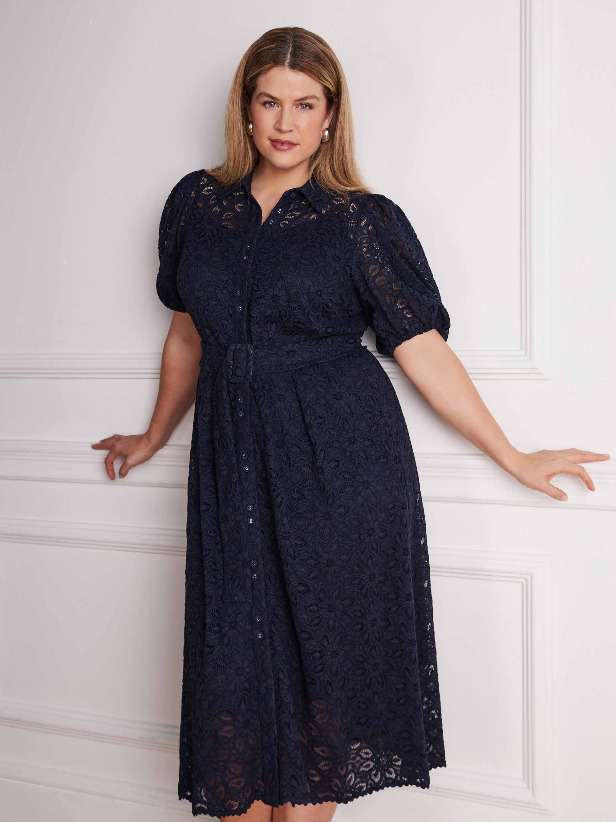 Navy belted lace midi dress with short puff sleeves