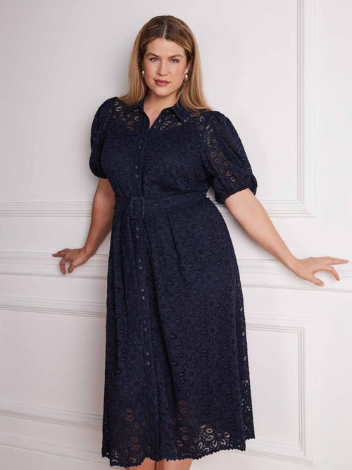 Navy belted lace midi dress with short puff sleeves
