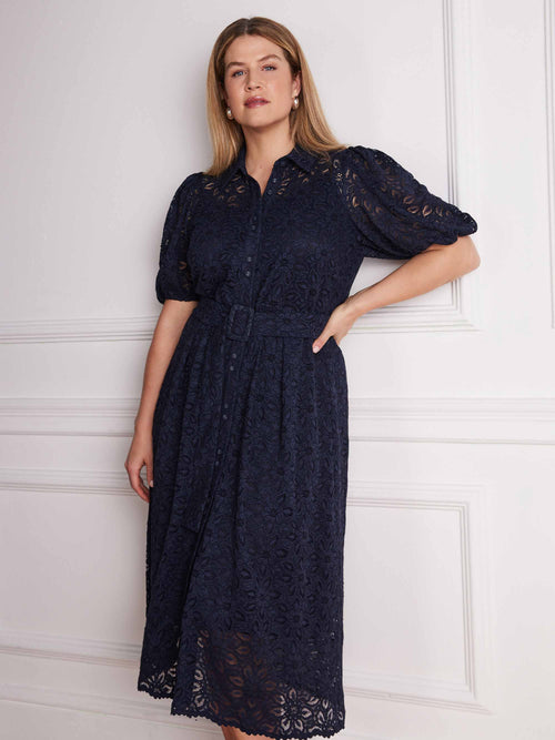 Navy lace shirt dress with detachable belt and scalloped hem