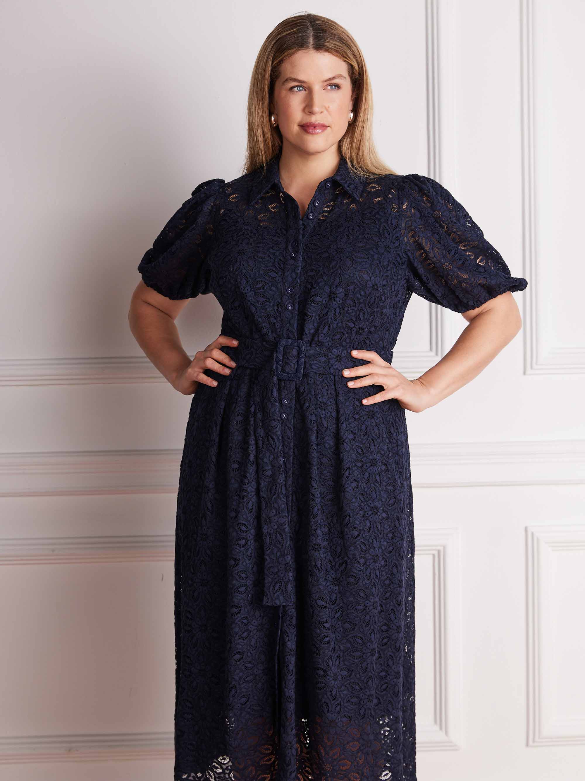 Navy lace midi dress with collar neckline and button front
