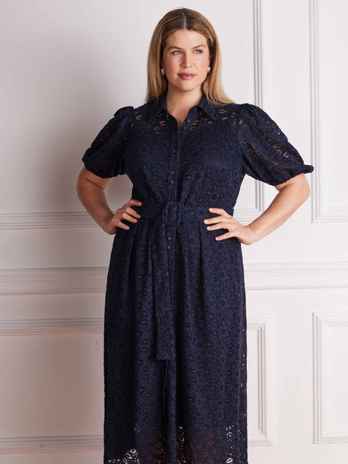 Navy lace midi dress with collar neckline and button front