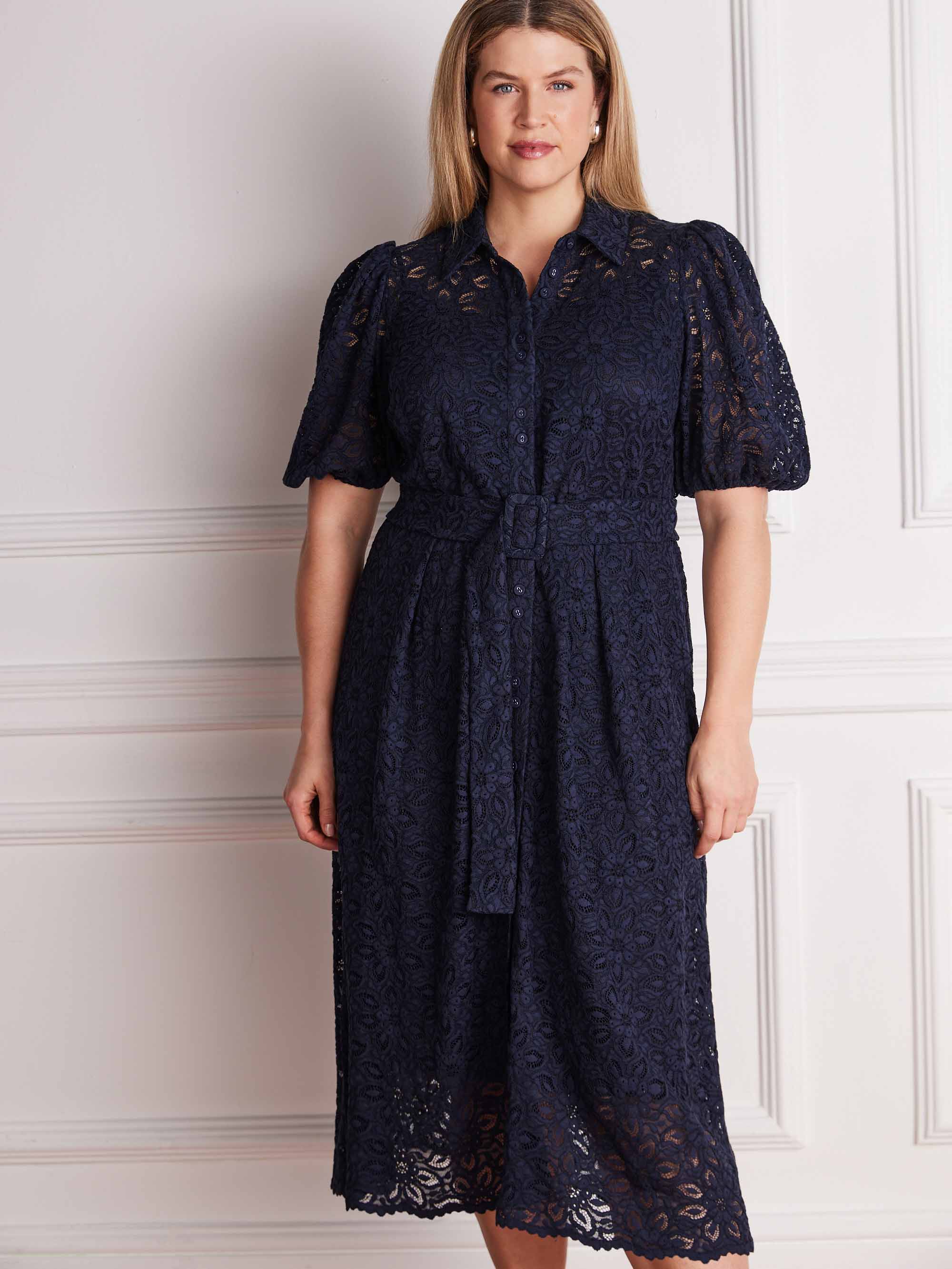 Navy short sleeve lace occasion dress with waist belt