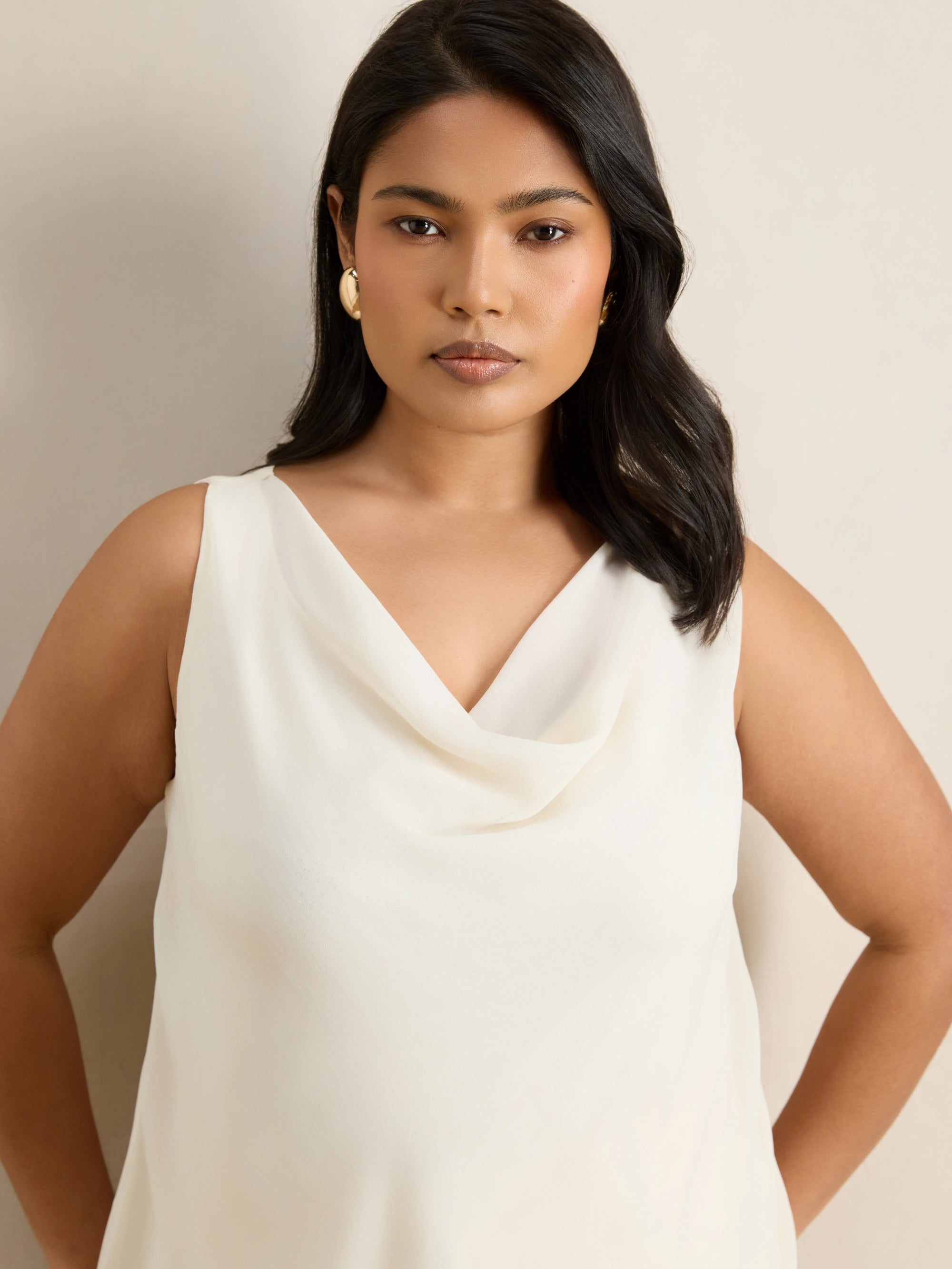 Ivory Cowl Neck Chiffon Overlay Vest