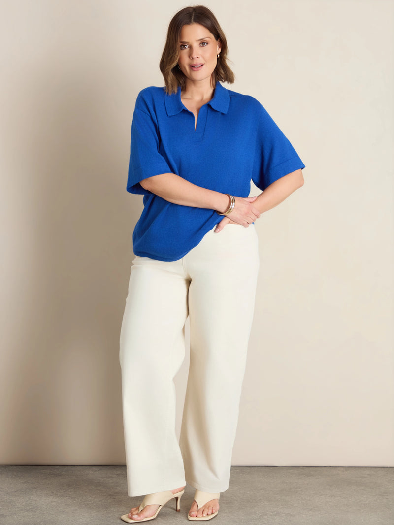 Plus size navy cotton and wool blend short sleeve jumper with ribbed polo neck