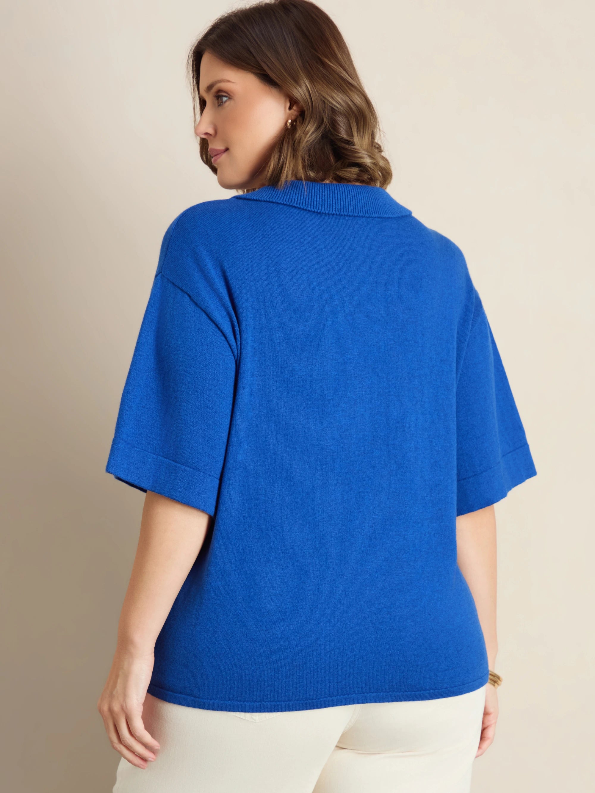Plus size navy cotton and wool blend short sleeve jumper with ribbed polo neck