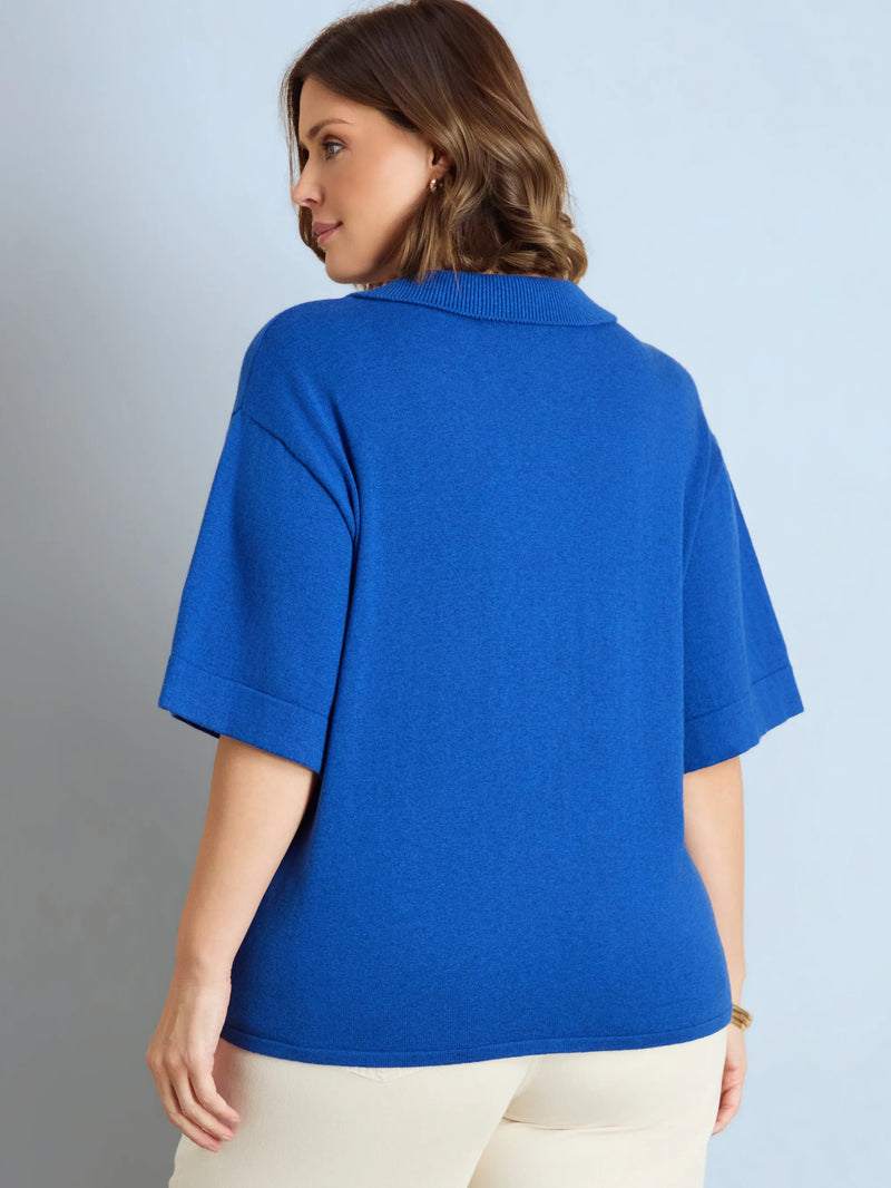 Plus size navy cotton and wool blend short sleeve jumper with ribbed polo neck