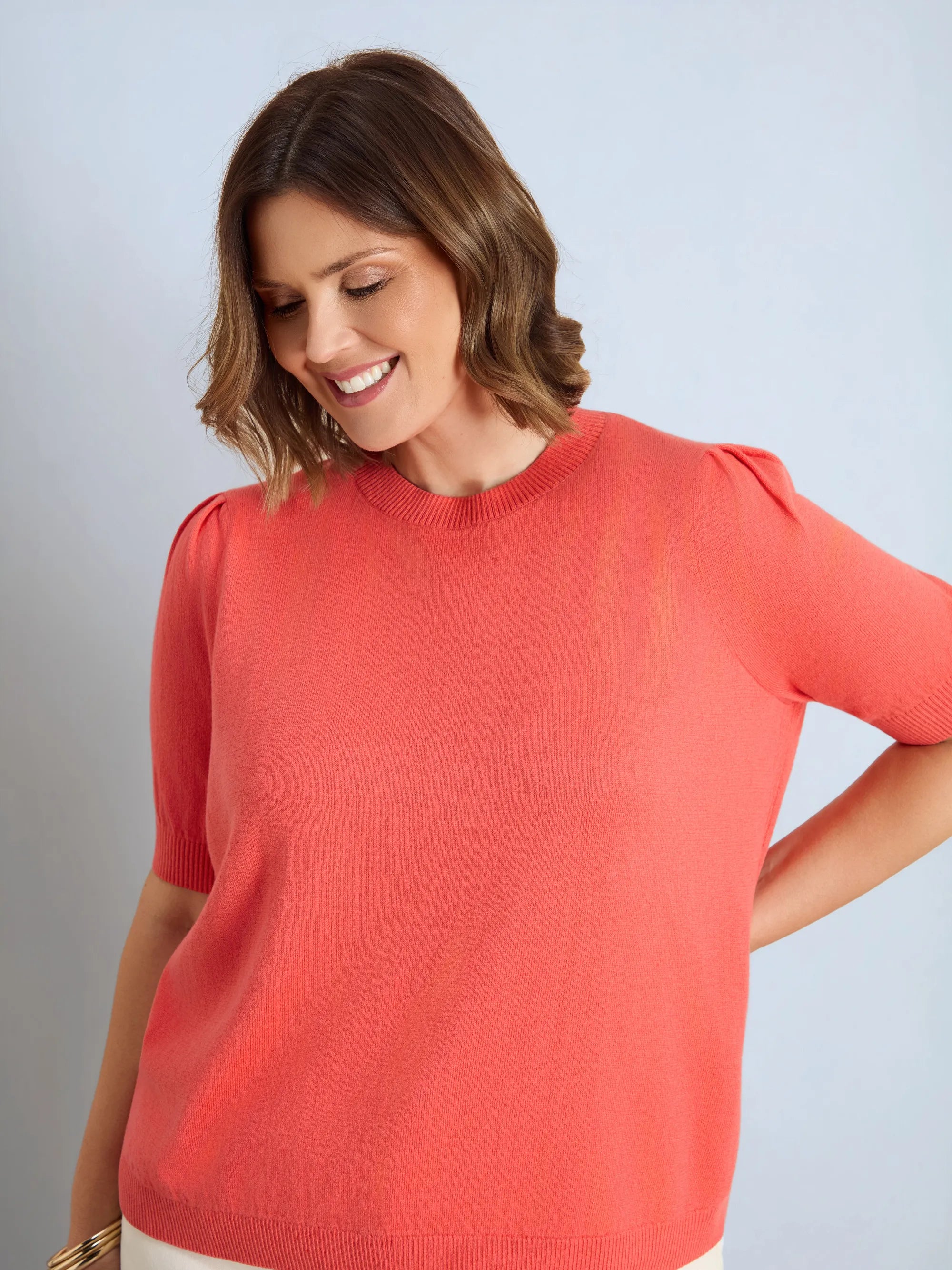 Coral Puff Sleeve Fine Knit Short Sleeve Jumper