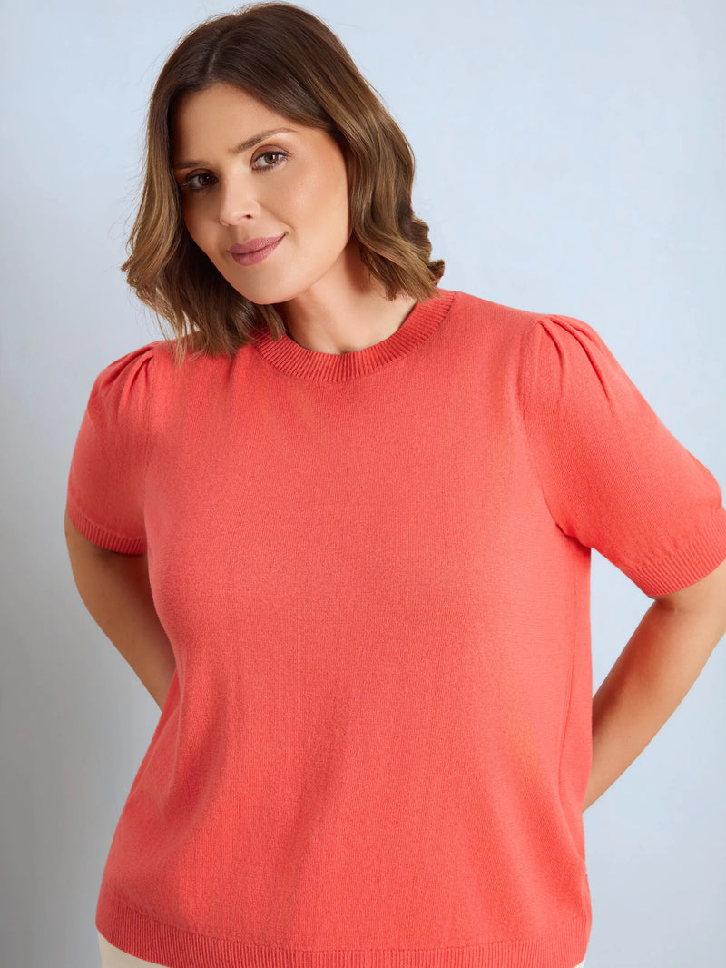 Coral Puff Sleeve Fine Knit Short Sleeve Jumper