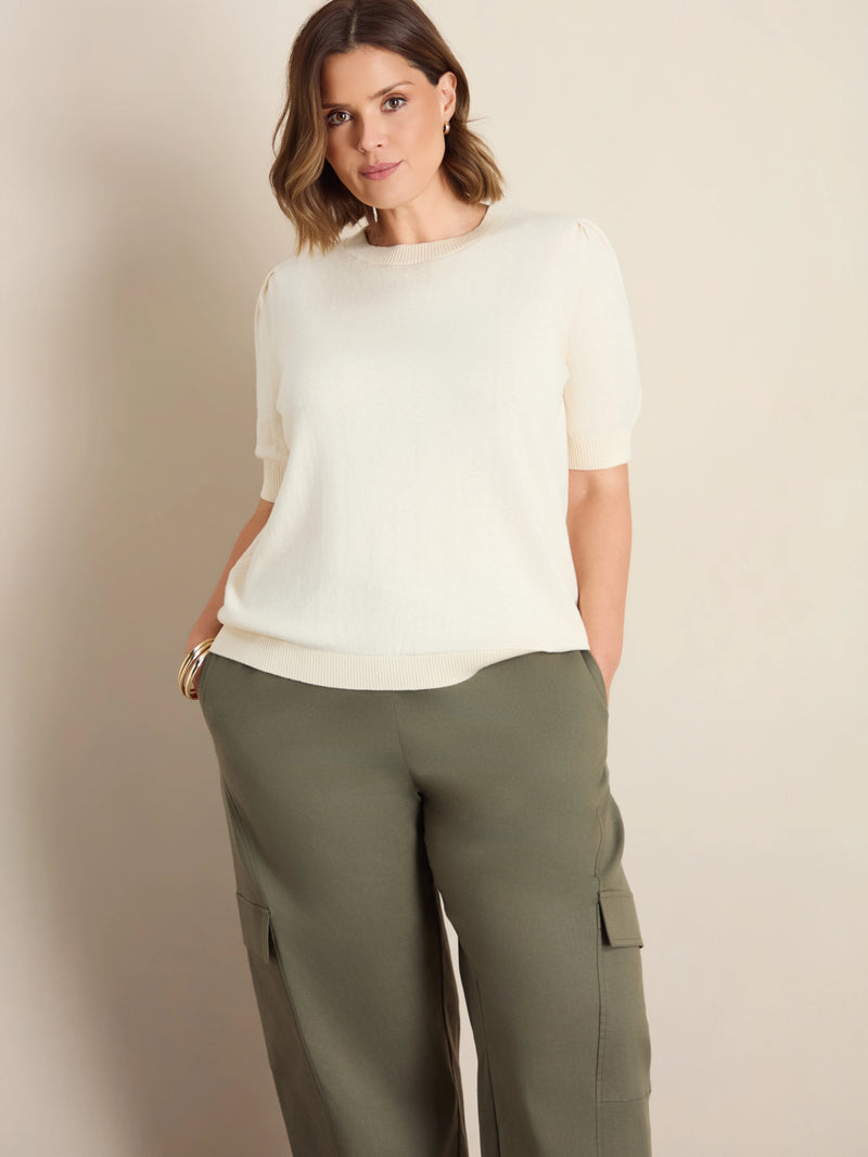 Plus size cream crew neck short sleeve knitted top with puff sleeves and ribbed trims