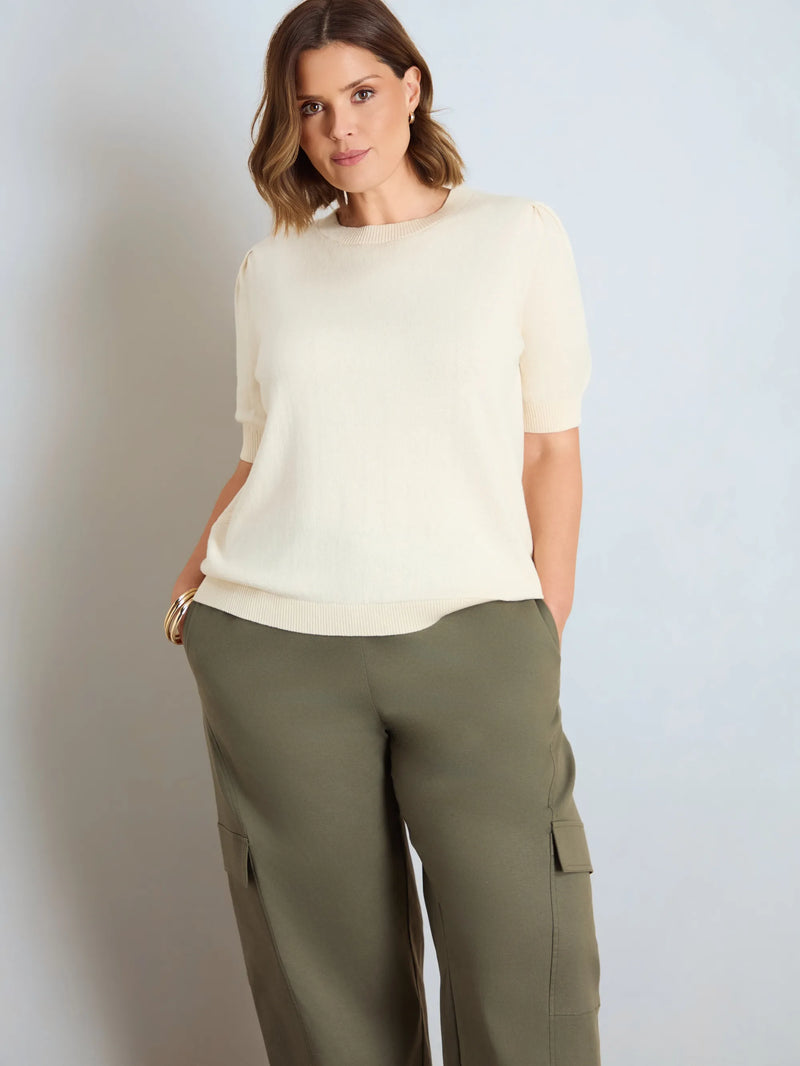 Ivory Puff Sleeve Fine Knit Short Sleeve Jumper