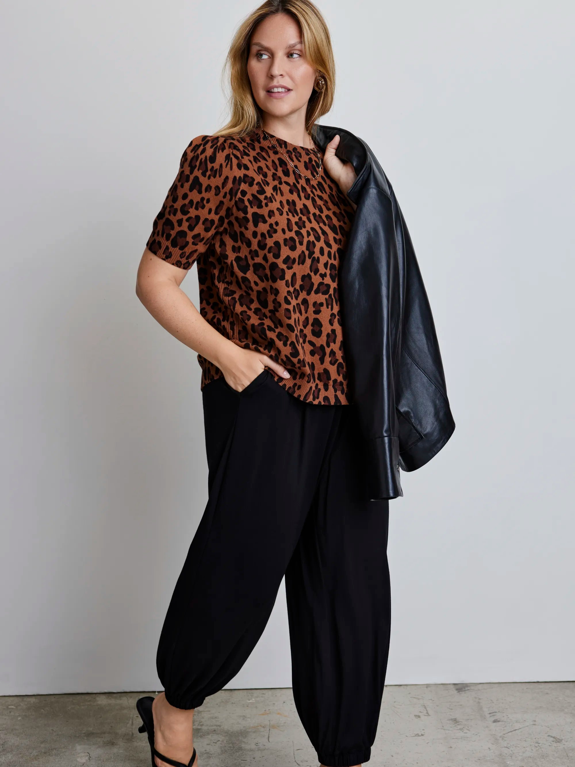 Leopard Print Short Sleeve Knitted Jumper