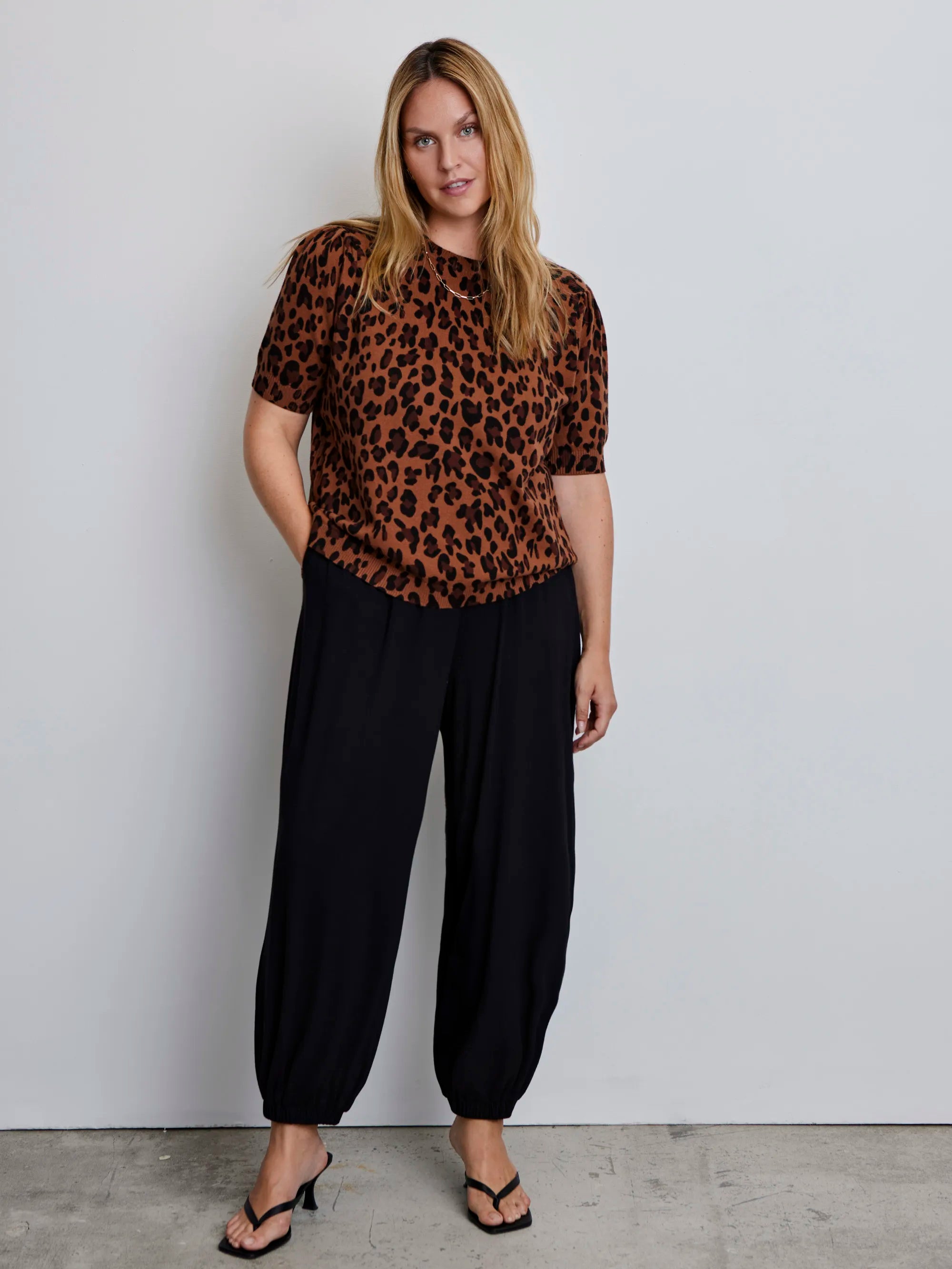 Leopard Print Short Sleeve Knitted Jumper