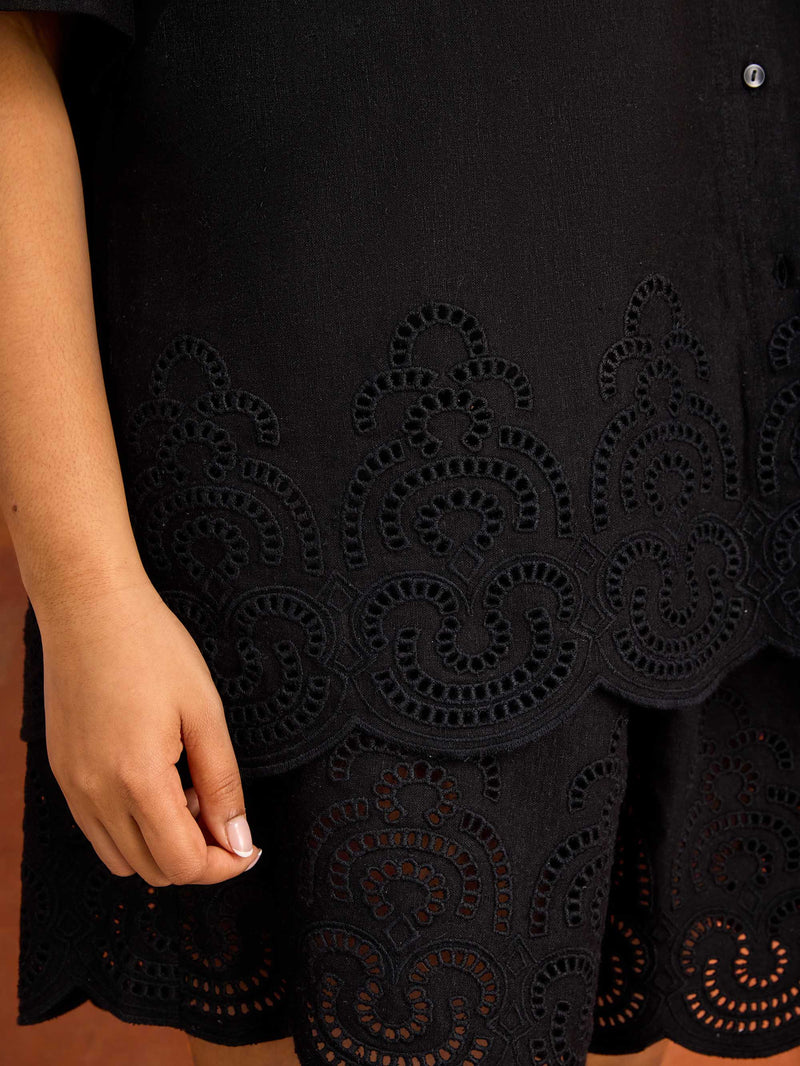 Black Linen Blend Broderie Shorts