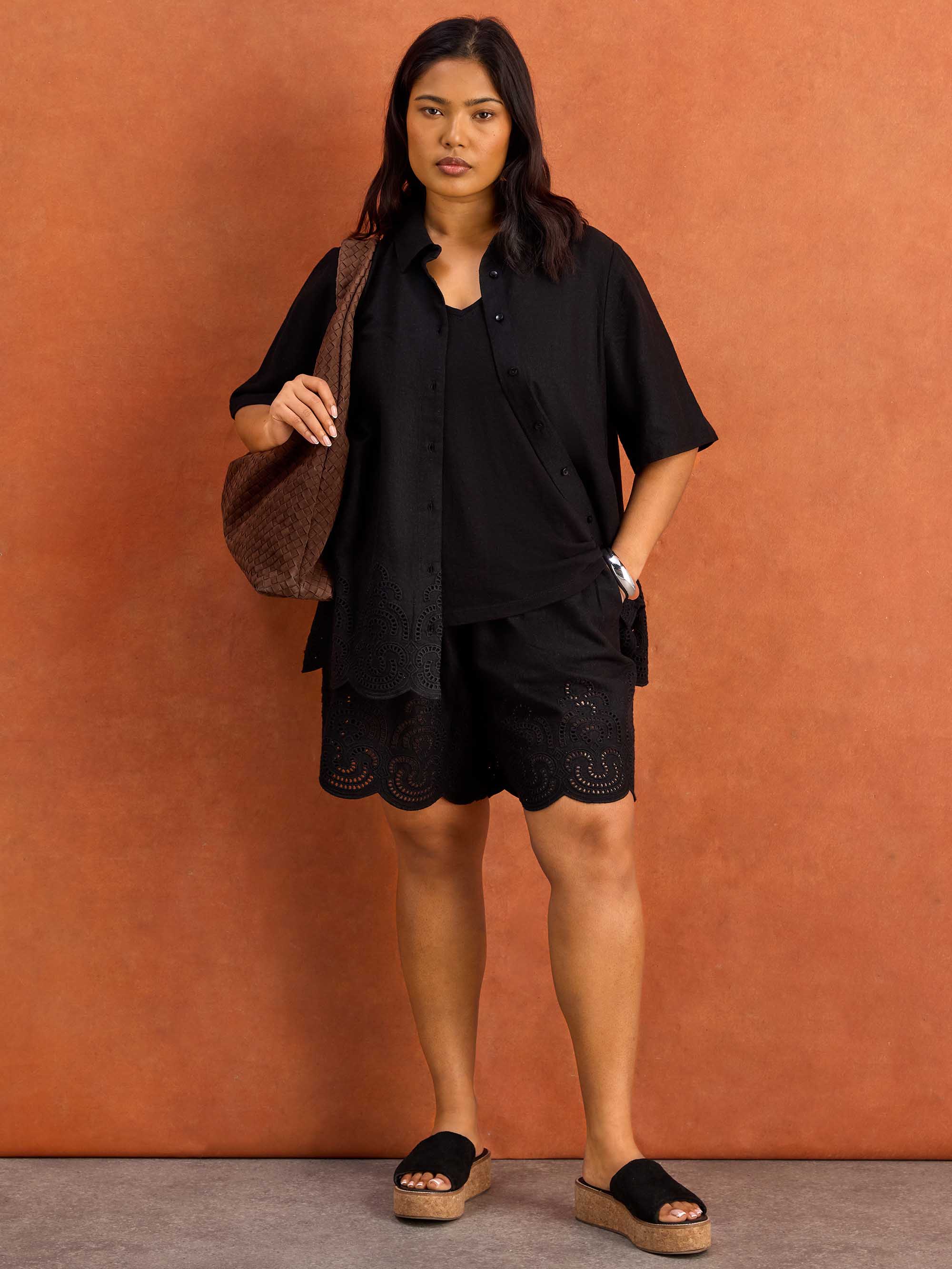 Black Linen Blend Broderie Shorts
