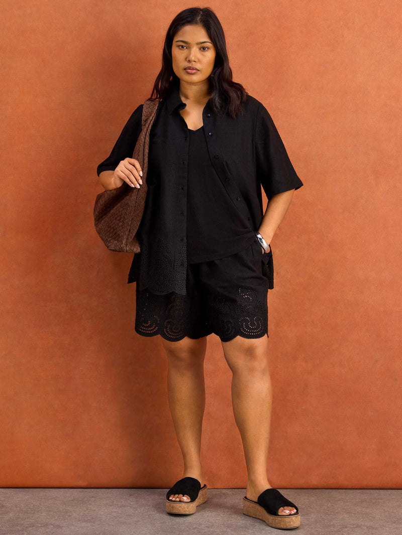 Black Linen Blend Broderie Shorts
