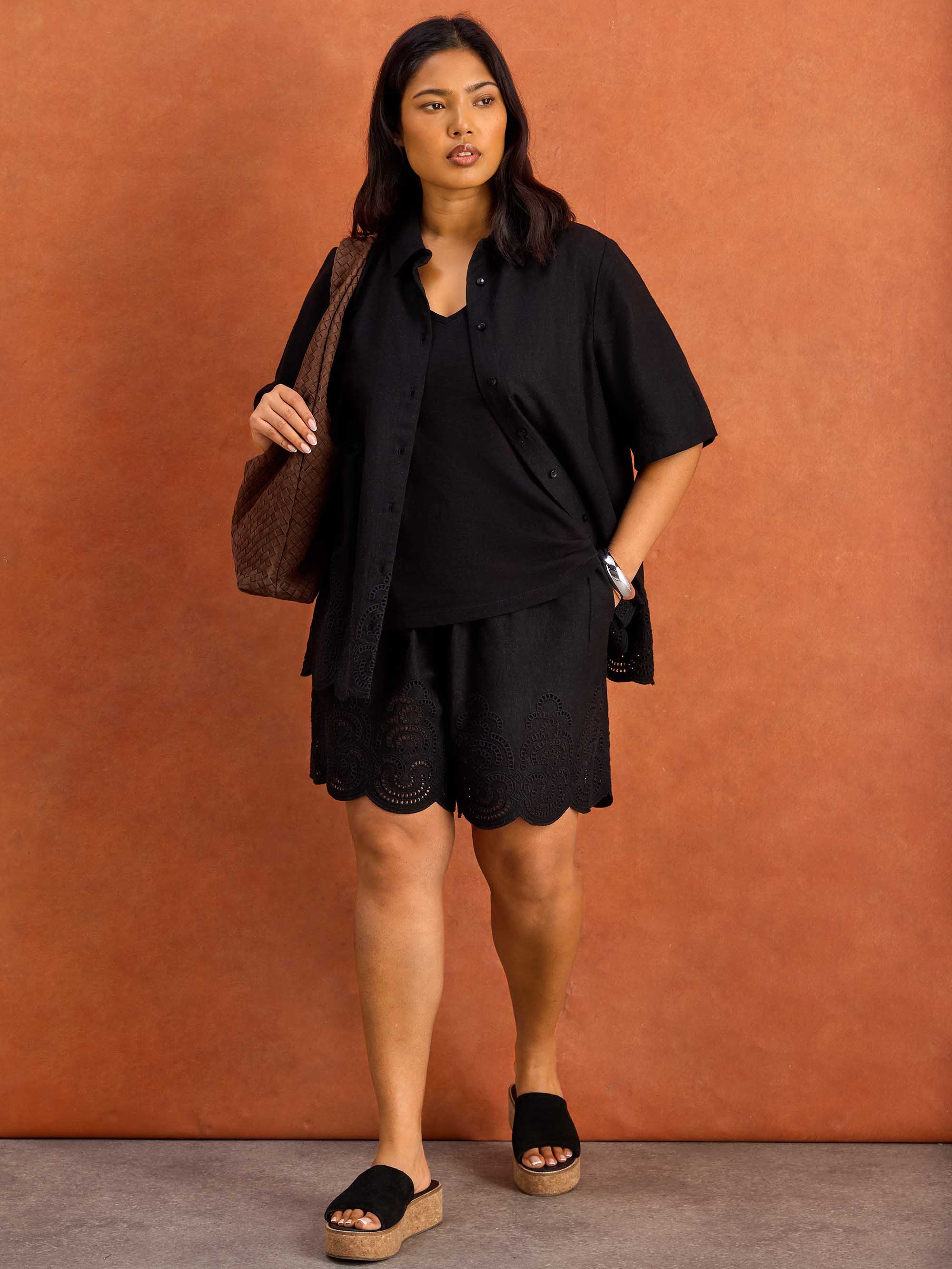 Black Linen Blend Broderie Shorts