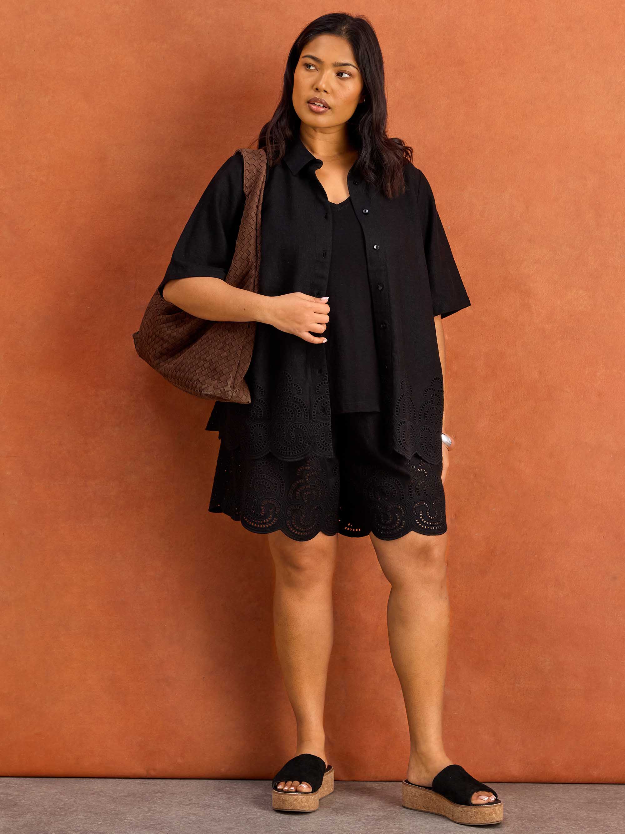 Black Linen Blend Broderie Shorts