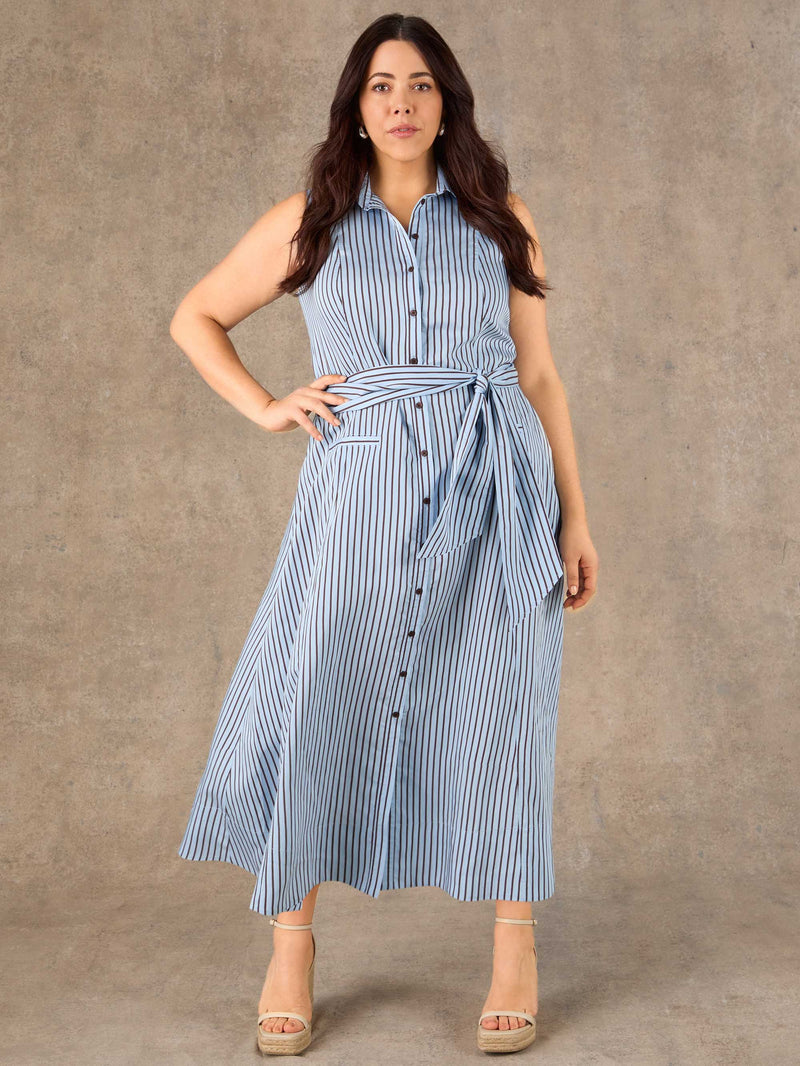 Blue And Chocolate Stripe Maxi Shirt Dress