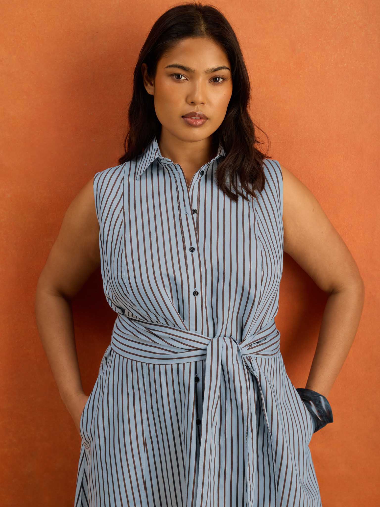 Petite Blue And Chocolate Stripe Maxi Shirt Dress | Live Unlimited
