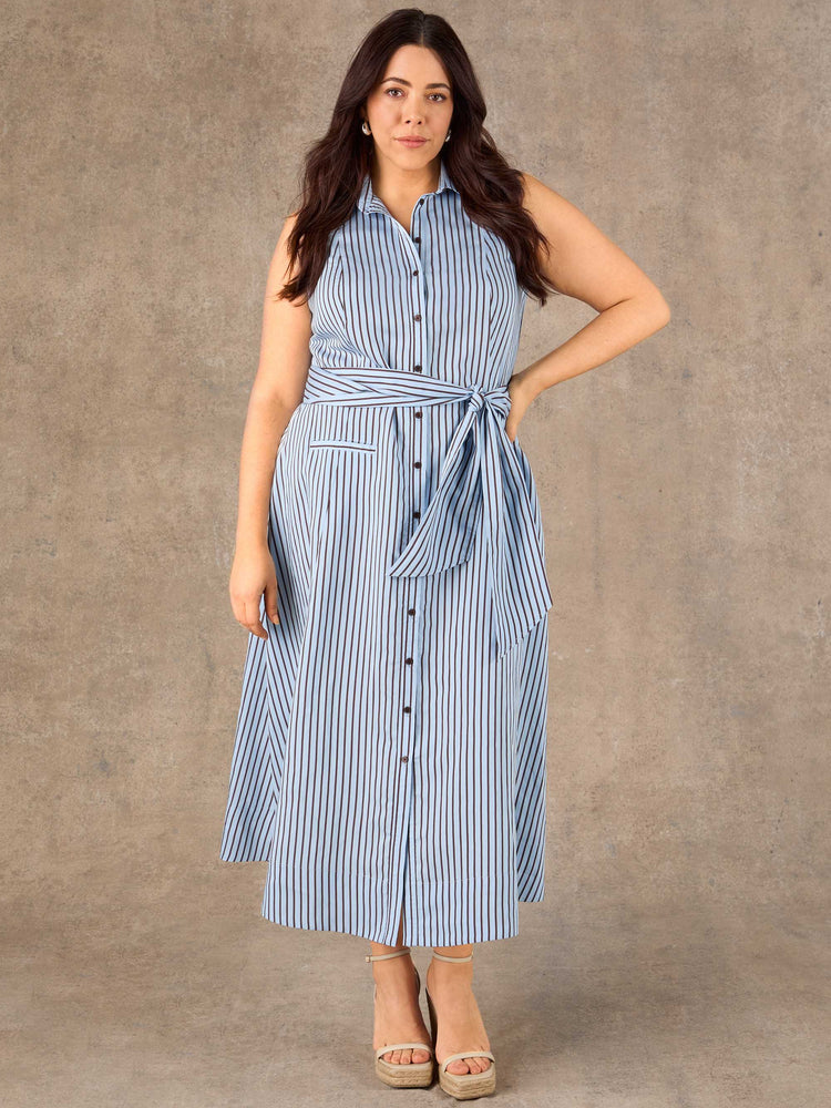 Petite Blue And Chocolate Stripe Maxi Shirt Dress