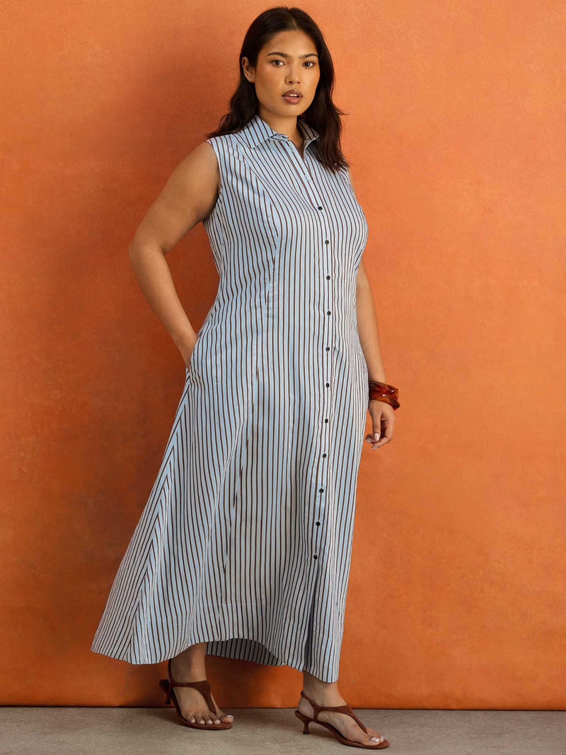 Blue And Chocolate Stripe Maxi Shirt Dress Plus Size Curve Clothing