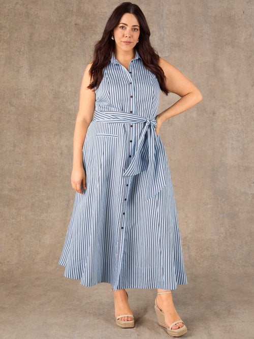 Blue And Chocolate Stripe Maxi Shirt Dress