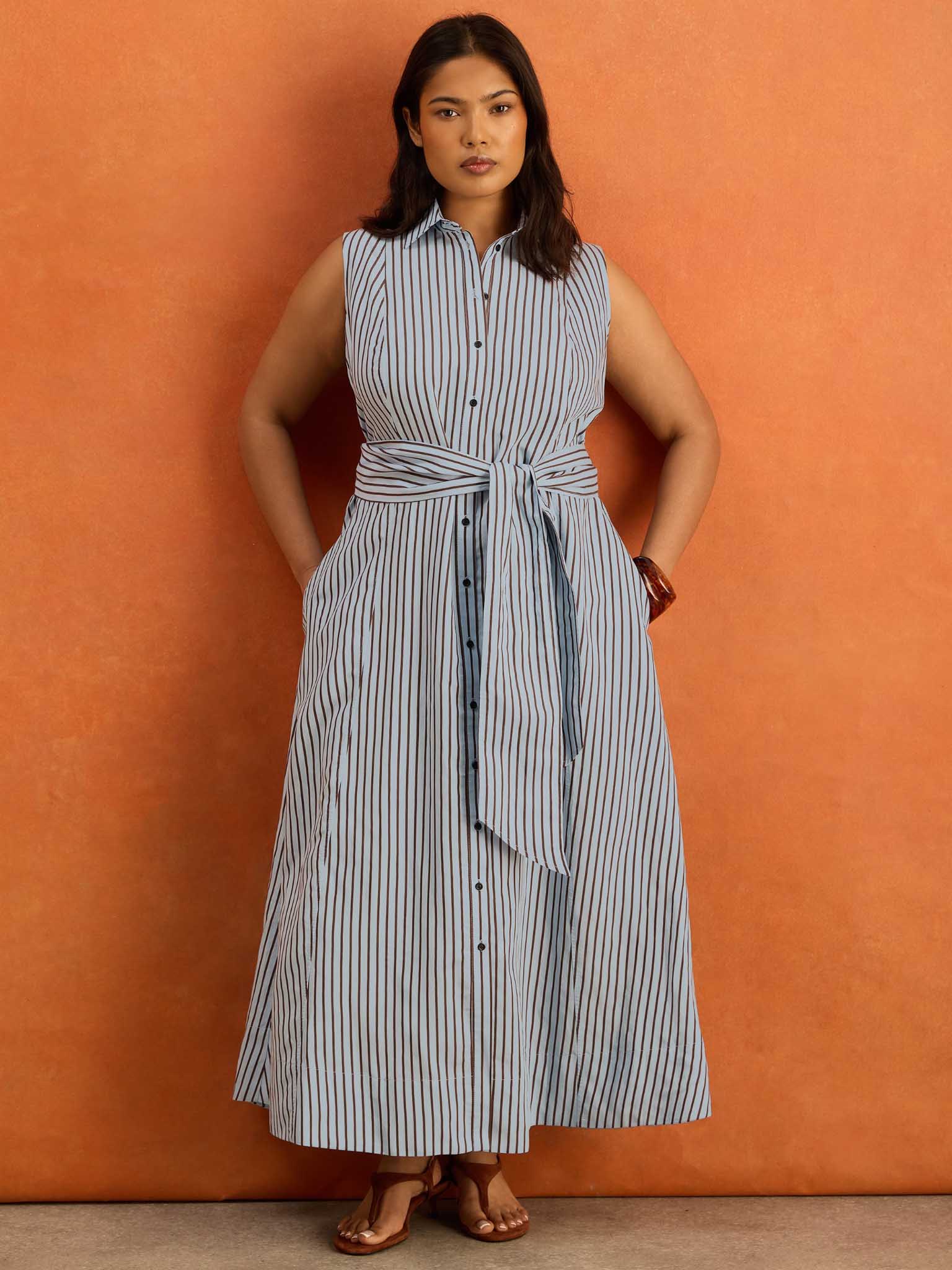 Petite Blue And Chocolate Stripe Maxi Shirt Dress | Live Unlimited