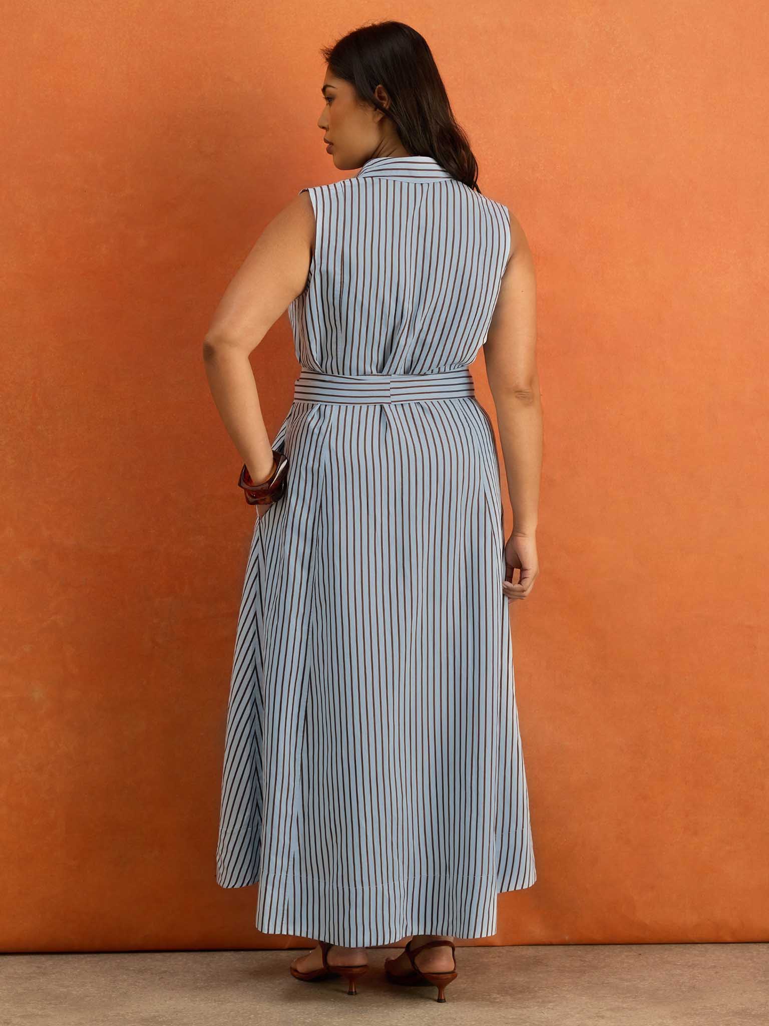 Blue And Chocolate Stripe Maxi Shirt Dress Plus Size Curve Clothing