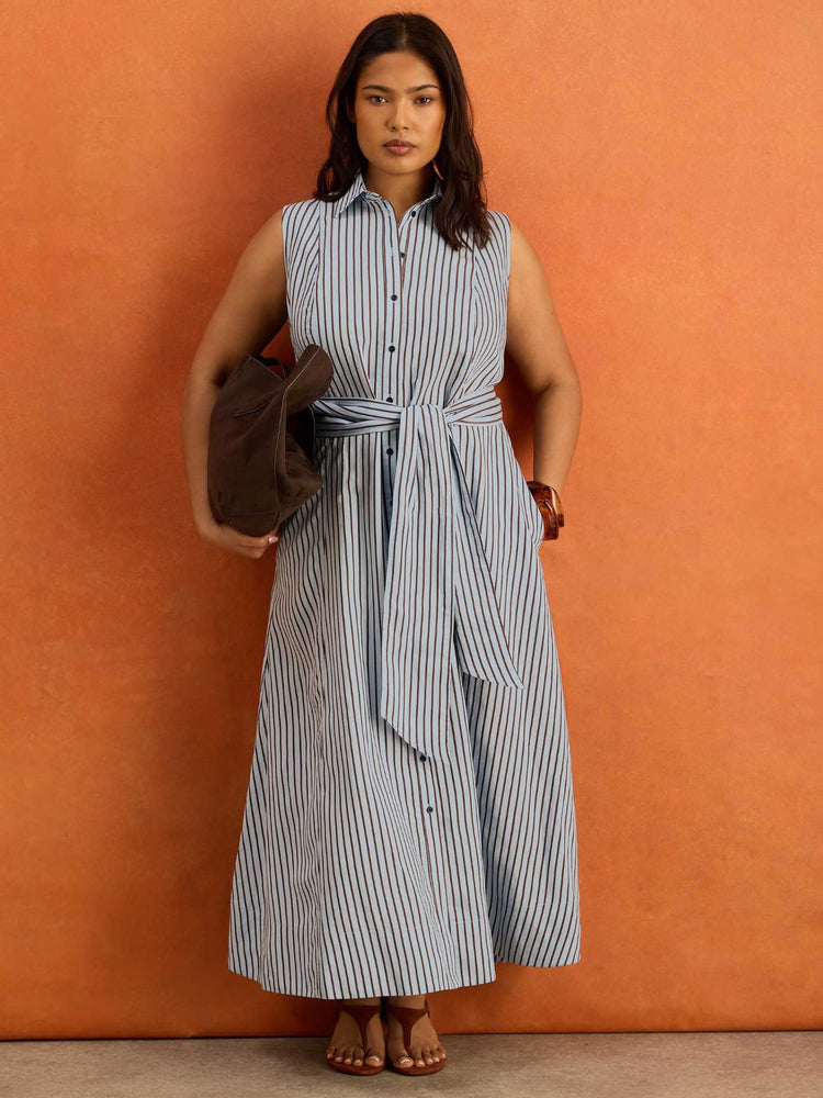 Blue And Chocolate Stripe Maxi Shirt Dress