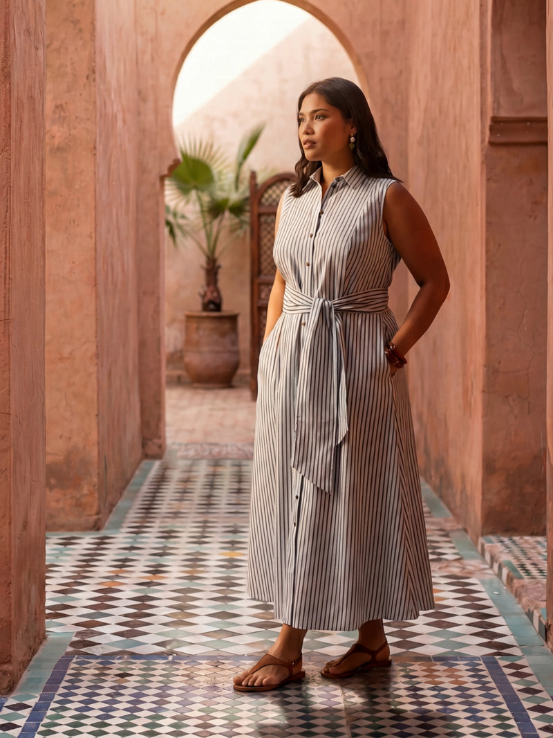 Blue And Chocolate Stripe Maxi Shirt Dress