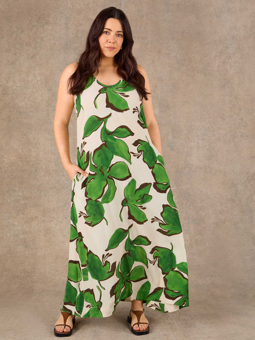 Green Floral Print Scoop Neck Maxi Dress