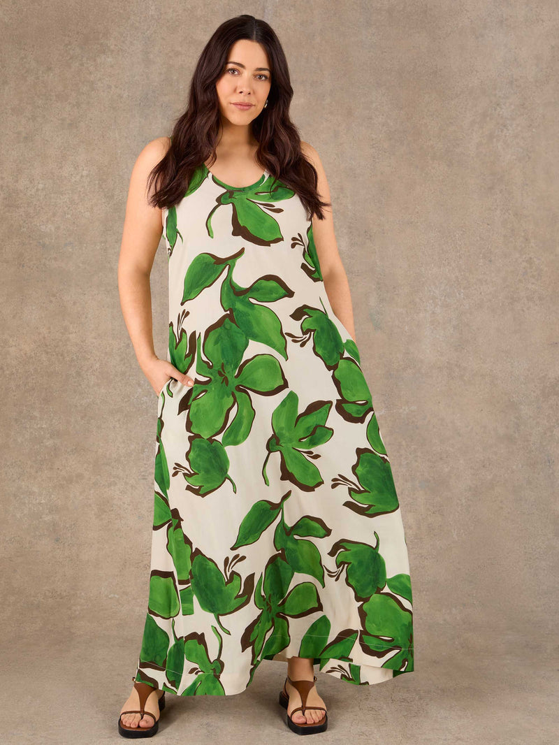 Green Floral Print Scoop Neck Maxi Dress
