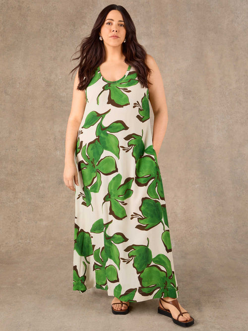 Green Floral Print Scoop Neck Maxi Dress