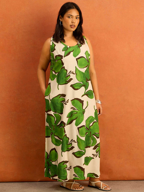 Green Floral Print Scoop Neck Maxi Dress