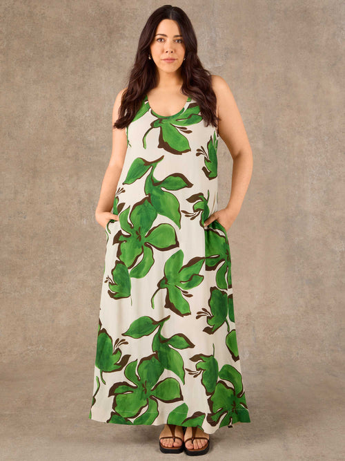 Green Floral Print Scoop Neck Maxi Dress