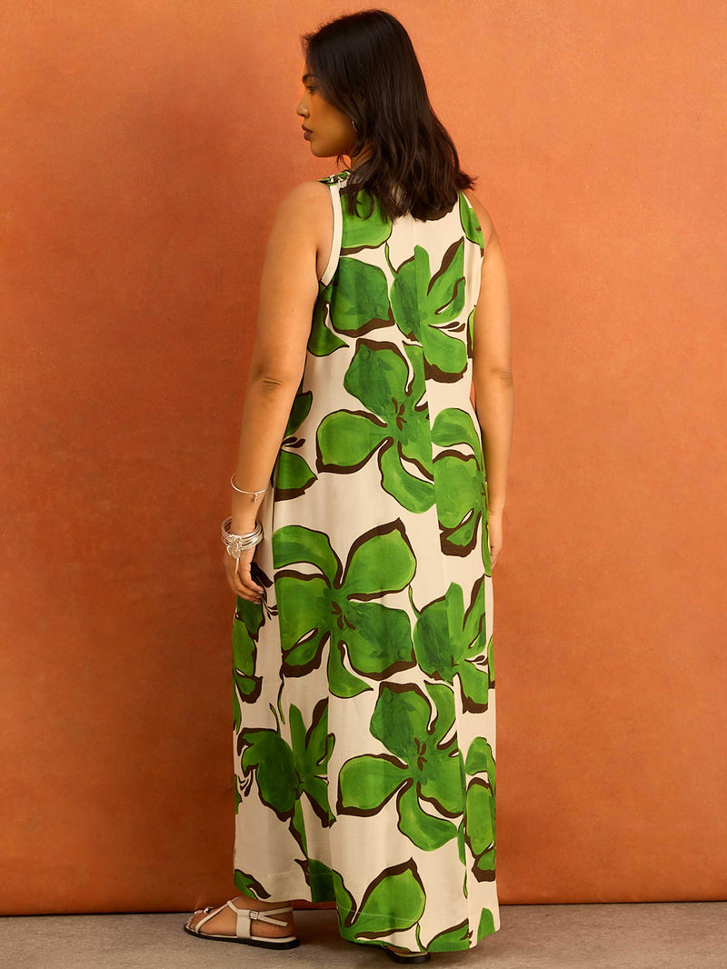 Green Floral Print Scoop Neck Maxi Dress