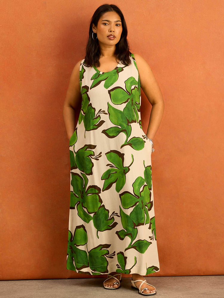 Green Floral Print Scoop Neck Maxi Dress