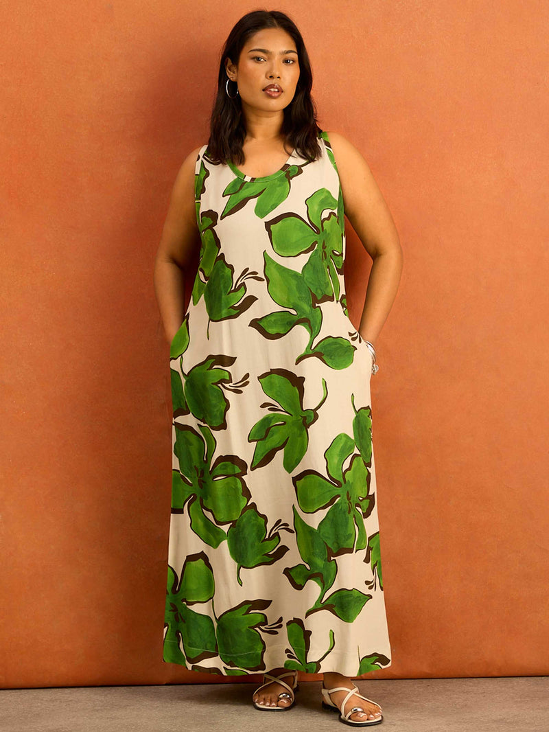Green Floral Print Scoop Neck Maxi Dress